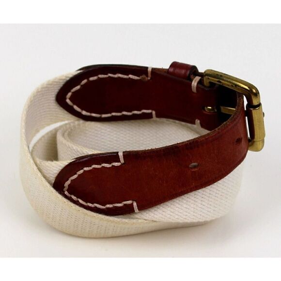 ITALIAN BROWN GENUINE LEATHER 1 1/4"Wd CREAM CANVAS GOLF MEN'S BELT 42-44 (67M - Picture 4 of 11